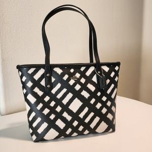 COACH "Wild Plaid" City Tote in White/Black Excellent Condition